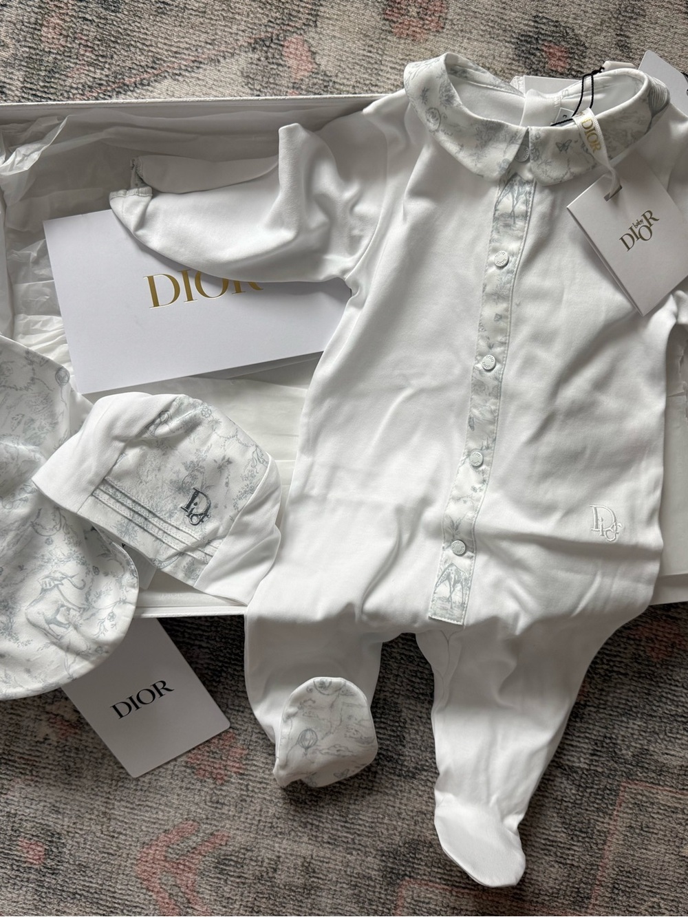 Dior Baby 3 Piece Gift Set: white and light blue toile de juoy (3 mos.)
